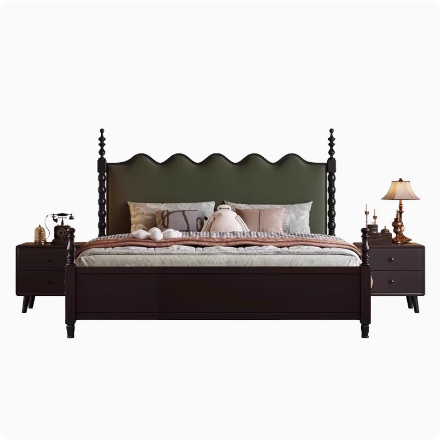法式复古实木床1米8黑色双人床美式轻奢主卧1.5米绿色软包单人床