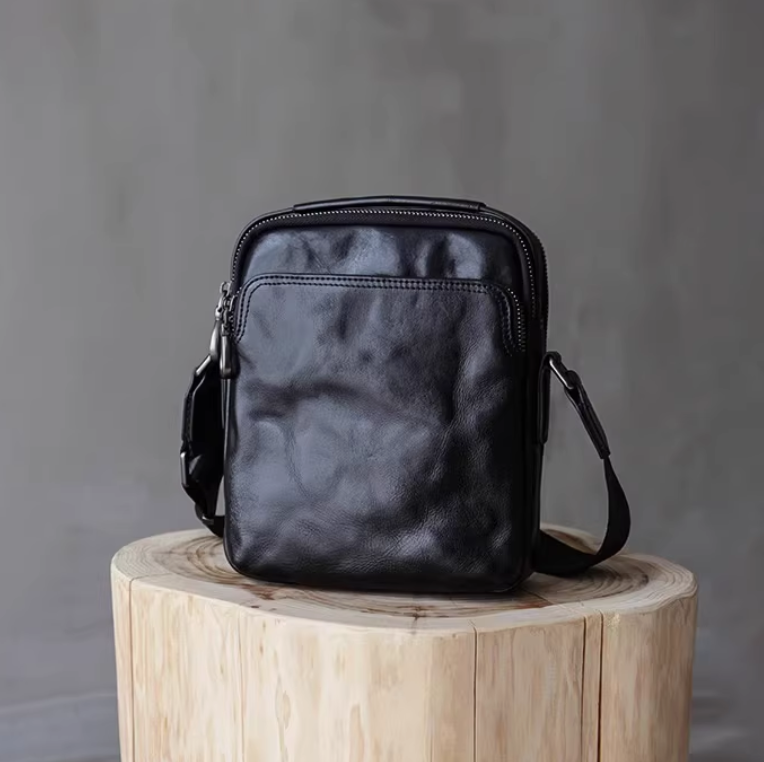 男士手抓纹植鞣头层牛皮单肩斜挎包休闲复古小背包商务公文包高端